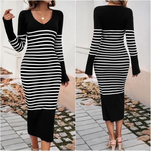 Striped Navy V-Neck Sweater Dress - Picture 10 of 11